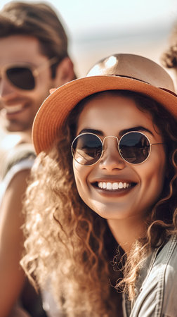 Close up portrait of beautiful young woman with curly hair wearing hat and sunglasses, smiling and looking at cameraの素材