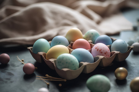 Colorful easter eggs in a carton on a dark backgroundの素材