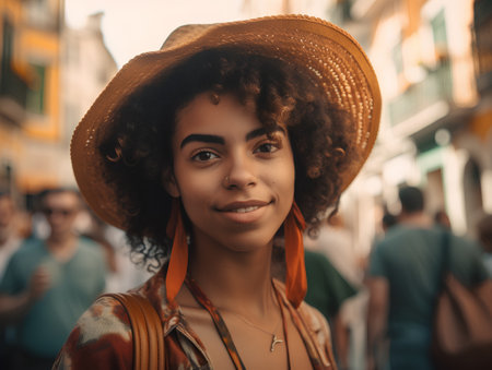 Beautiful african american woman with afro hairstyle in hat walking in the city.の素材