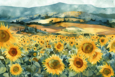Watercolor painting of sunflower field in Tuscany, Italyの素材