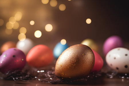Easter eggs on bokeh background. Happy Easter greeting card.の素材