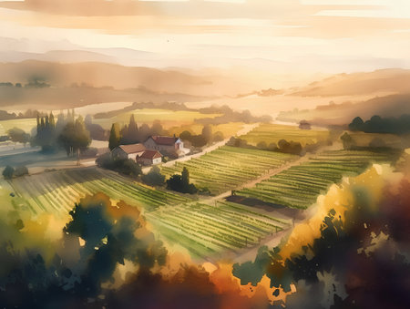 Landscape with vineyard in the morning. Digital watercolor painting.の素材