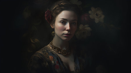 Portrait of a beautiful young woman with flowers in her hair.の素材