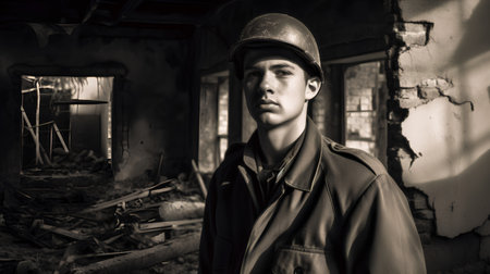 Portrait of a young man in an old factory. Black and white photo.の素材