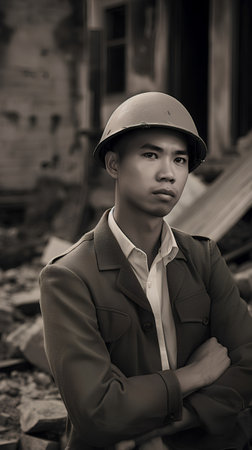 Portrait of young Asian construction worker in hardhat with arms crossedの素材