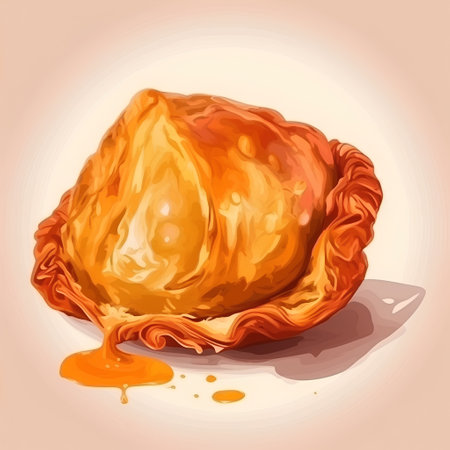 Illustration of baked croissant with orange syrup on beige backgroundの素材