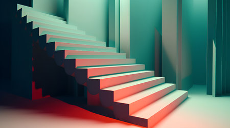 Staircase with red and green stairs. 3D rendering.の素材