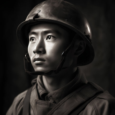 Portrait of a young soldier in a helmet, black and whiteの素材