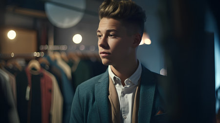 Portrait of handsome young man in a clothing store. Men's beauty, fashion.の素材