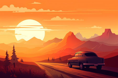 Retro car on the road in mountains at sunset. Vector illustrationの素材