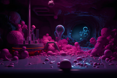 3d render of an alien planet in a dark cave. Futuristic backgroundの素材