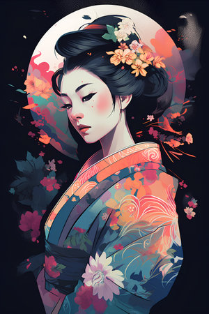 Beautiful asian woman in kimono with flowers. Vector illustration.の素材
