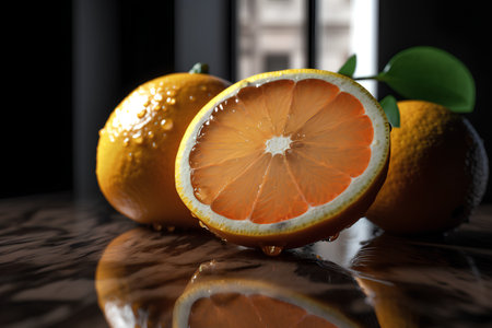 Sliced orange on the table with reflection in the window.の素材
