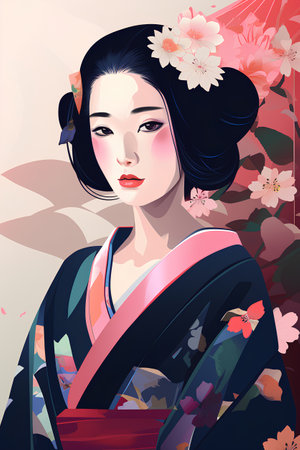 Beautiful Japanese geisha in kimono. Vector illustration.の素材