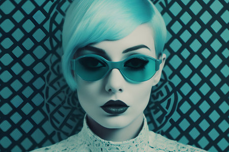 Fashion portrait of young beautiful woman with blue hair and stylish sunglasses.の素材