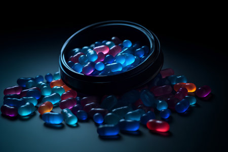 Blue and red candy in glass jar on black background. 3d renderingの素材