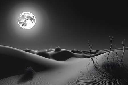 Black and white image of a desert landscape with a full moon.の素材