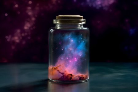 Magic potion in a bottle on a dark background with stars and nebulaの素材
