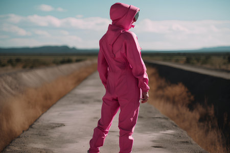 Young woman in a pink raincoat walking on a rural road.の素材