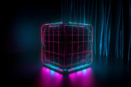 3d render, abstract illustration, glowing wireframe cube, neon light effectの素材