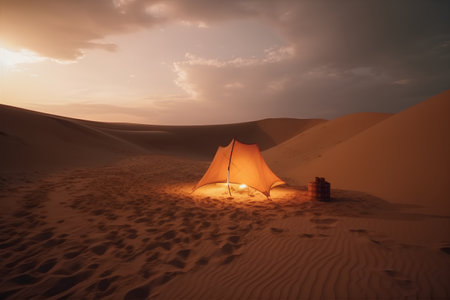 Tent in the desert at sunset, 3d render illustration.の素材