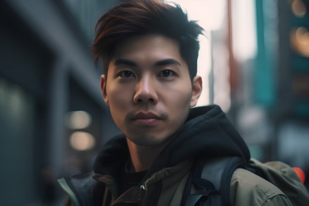 Portrait of a handsome young asian man in the city.の素材