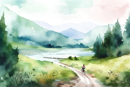 Watercolor landscape with mountains, forest, road and lake. Hand drawn illustrationの素材