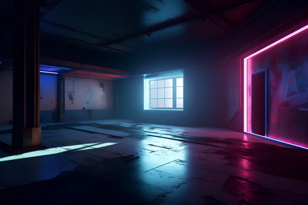 Dark empty room with neon lights. 3D rendering. Neon light.の素材