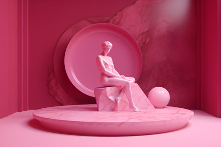 Podium with female figure. 3d render. Pink background.の素材