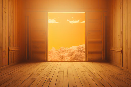Wooden door in the room at sunset. 3D rendering.の素材