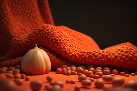 Autumn still life with pumpkins and knitted scarf. 3d renderの素材