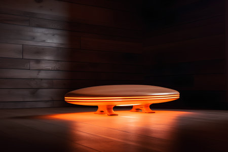 Wooden table in the dark room. 3D rendering image.の素材