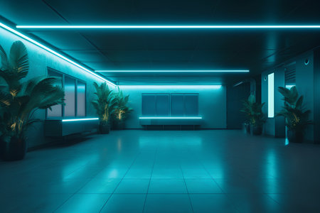 3D rendering of interior of a modern office building with neon lightsの素材