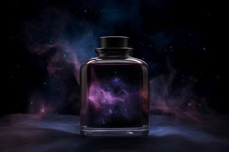 Cosmetic bottle with a purple nebula inside. 3D renderingの素材