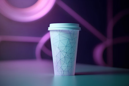 3d render of paper coffee cup on dark background with neon lightsの素材