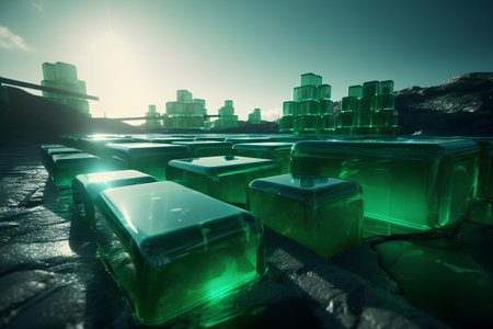 3d render of green glass cubes on the ground with city backgroundの素材