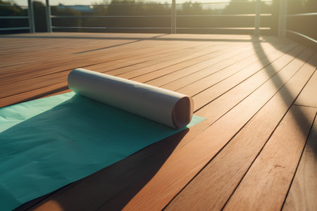Rolled yoga mat on the terrace of a modern yoga studioの素材