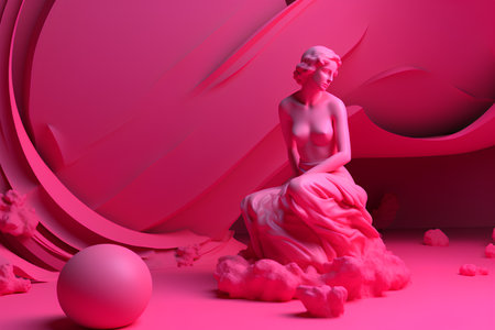 3d rendering of a woman sitting on a pedestal surrounded by pink backgroundの素材