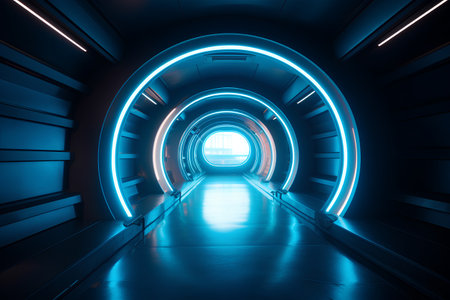 Futuristic corridor with glowing neon lights. 3D Renderingの素材