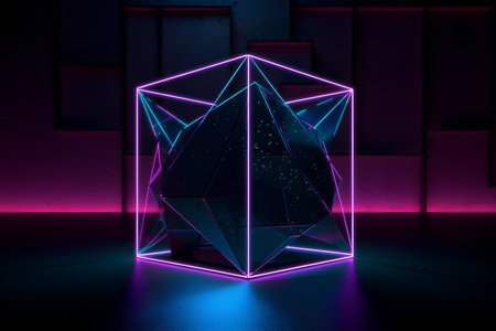 Abstract 3d rendering of low poly geometric shape. Polygonal background with neon lights.の素材