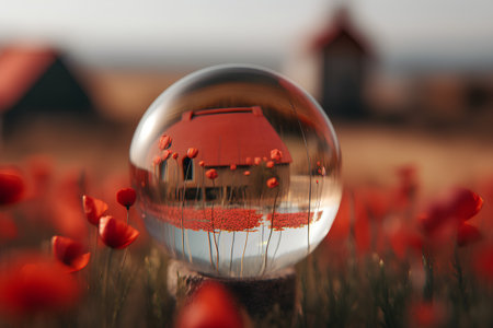 Crystal ball with red poppies in the field. 3D renderingの素材