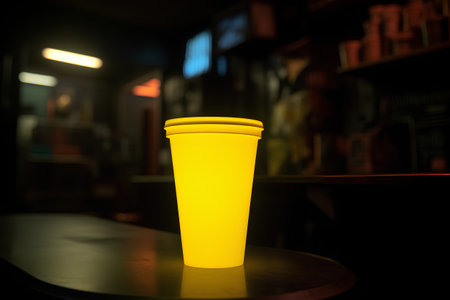 Yellow paper cup of coffee on the table in coffee shop blur backgroundの素材