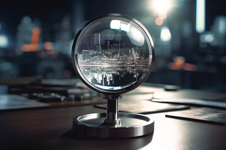 Glass globe with modern city view on blurry background. 3D Renderingの素材
