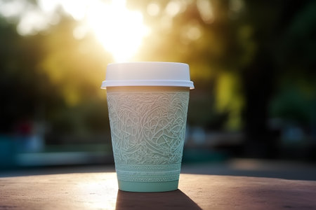Paper cup of coffee on the table in the park. Close-upの素材