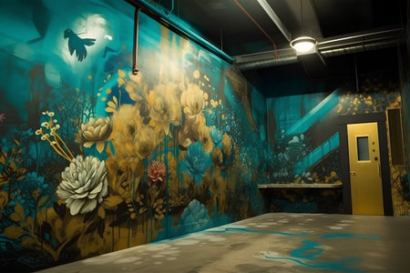 Interior of a swimming pool with a painting on the walls.の素材