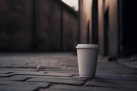 Paper cup of coffee on the street. Takeaway coffee. Coffee break.の素材