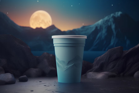 Coffee cup on a background of the moon. 3d renderingの素材