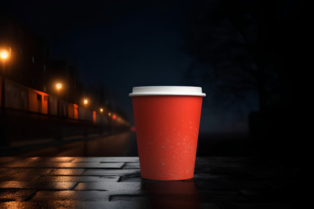 Red paper coffee cup on the street at night. 3d renderingの素材