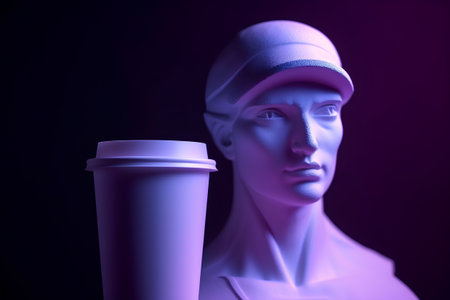 Male mannequin wearing a hat and drinking coffee in neon lightの素材