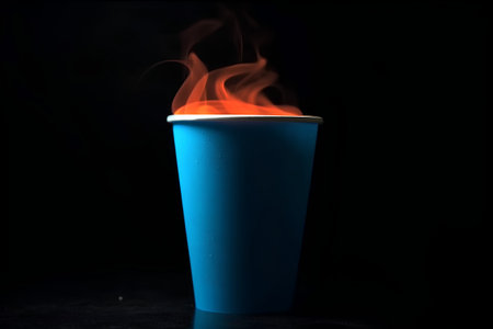 Coffee cup on a black background with flames and smoke.の素材
